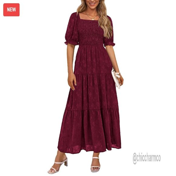Dresses & Skirts - Women's Summer Midi Dress Square Neck Smocked Boho Flowy A-Line